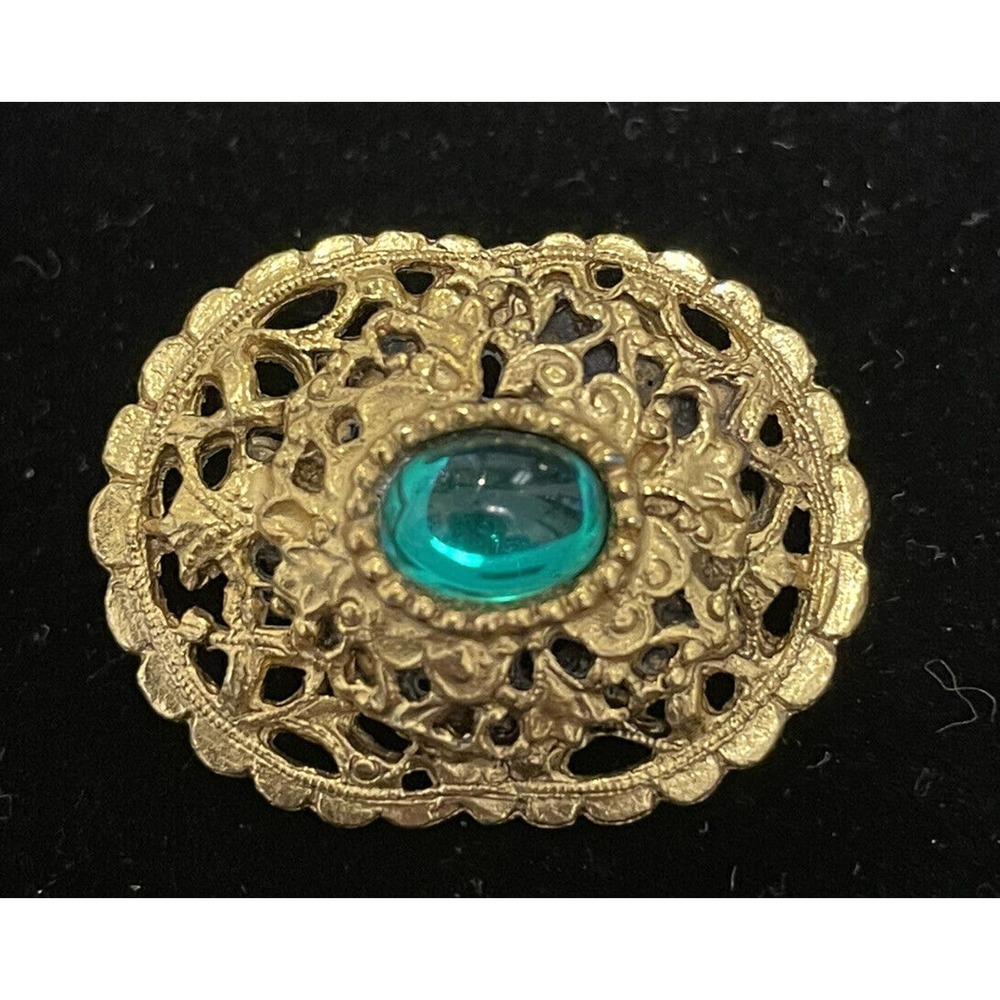 Vintage Gold Tone Scroll Pin Brooch Green Lucite Center Accent